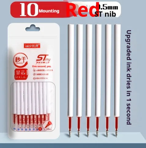 Four bullet pen refills showing black, blue, red, and ink blue ink colours with quick-drying technology