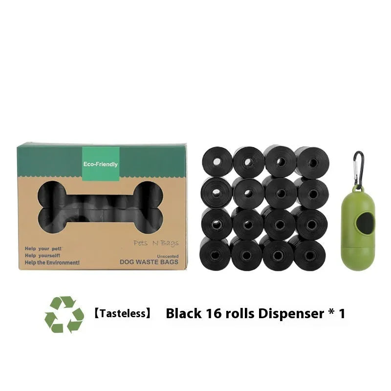 EPI degradable pet waste bag rolls in green, black, blue, and orange colours with a capsule dispenser.