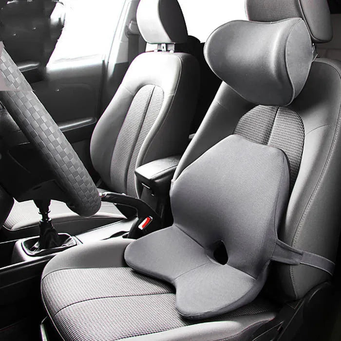 Memory foam car lumbar support pillow with adjustable straps in beige colour