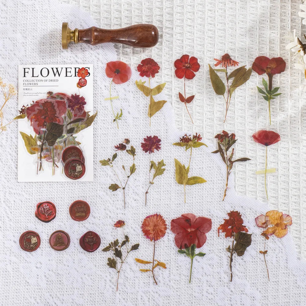 Eight styles of dried flower journal stickers in Dark Night Purple, rose nebula and other colours at 70mm size