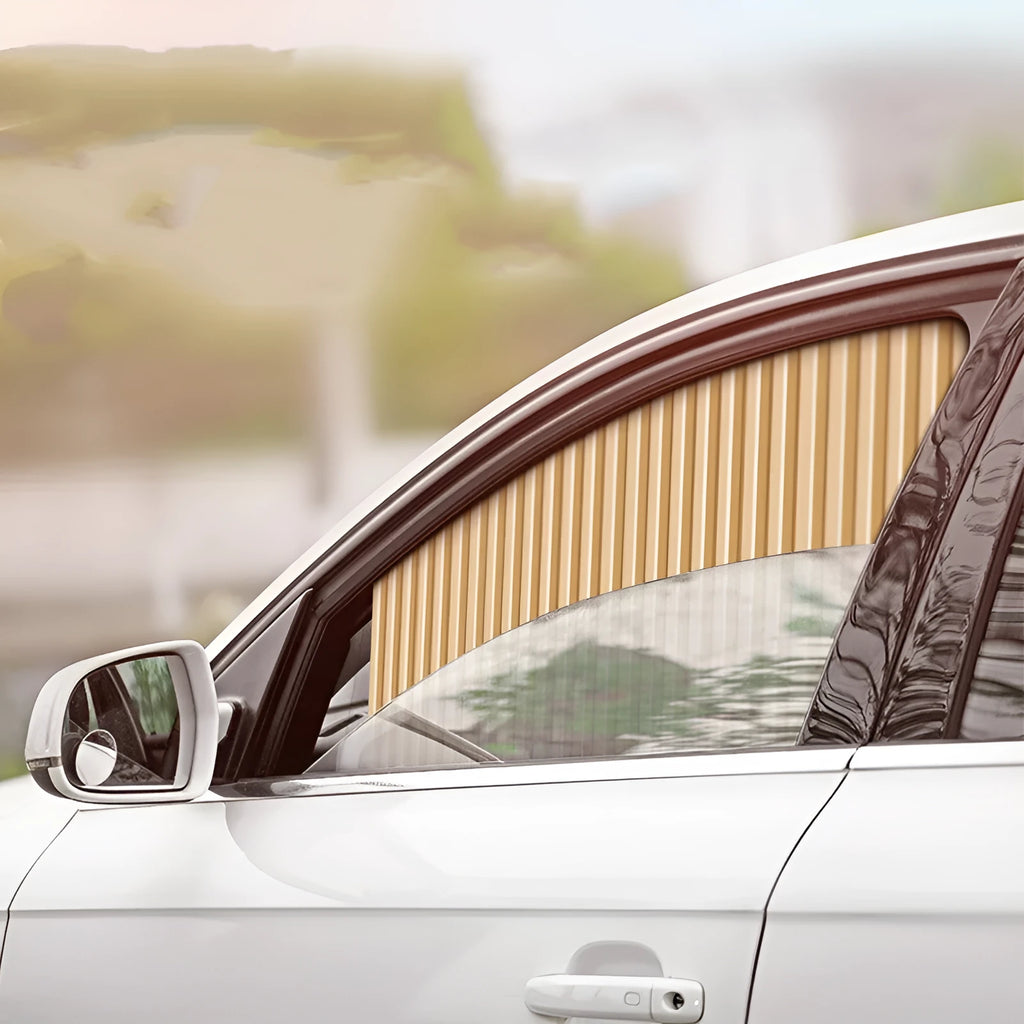 Retractable car sun curtain shown in extended position with roller shutter mechanism