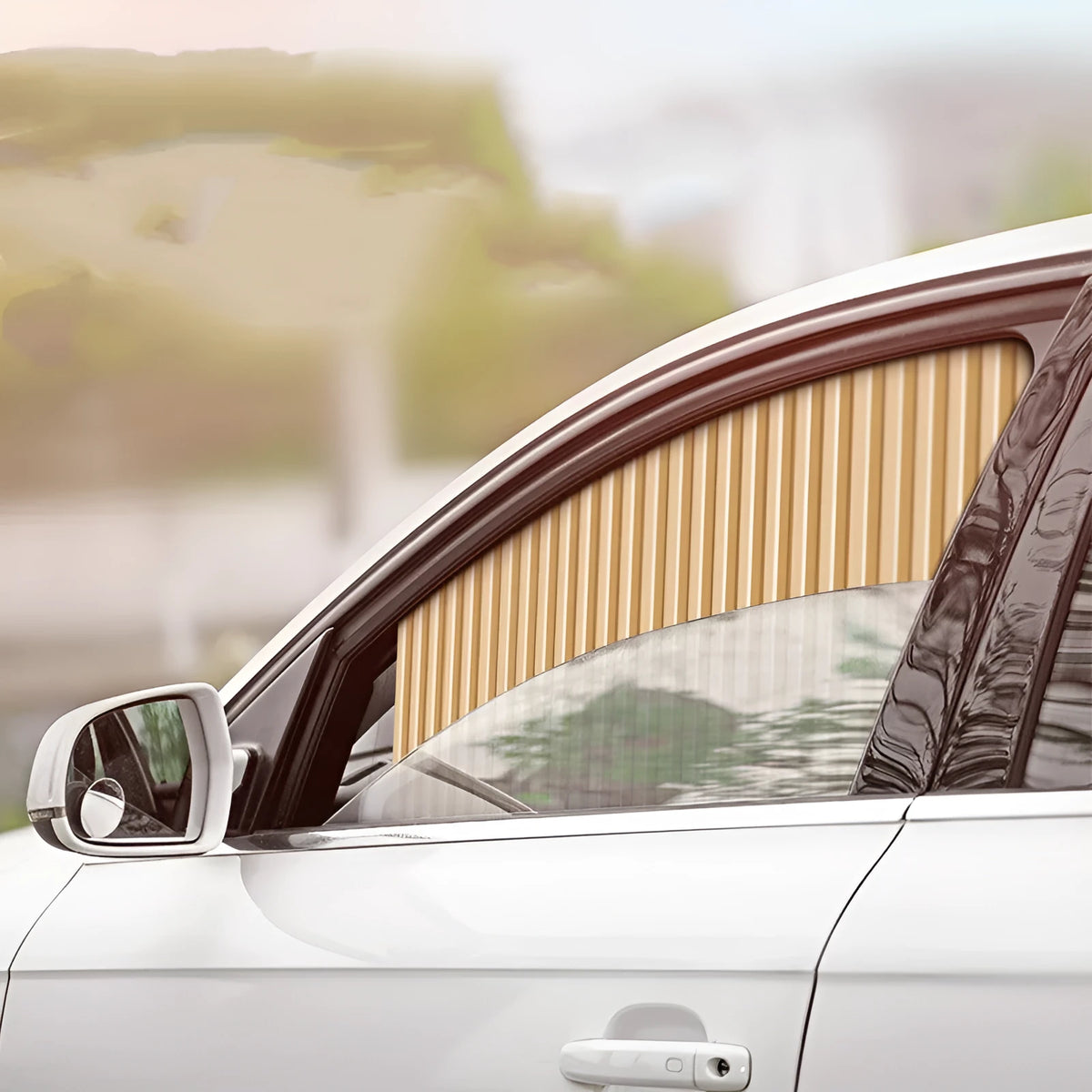Retractable car sun curtain shown in extended position with roller shutter mechanism
