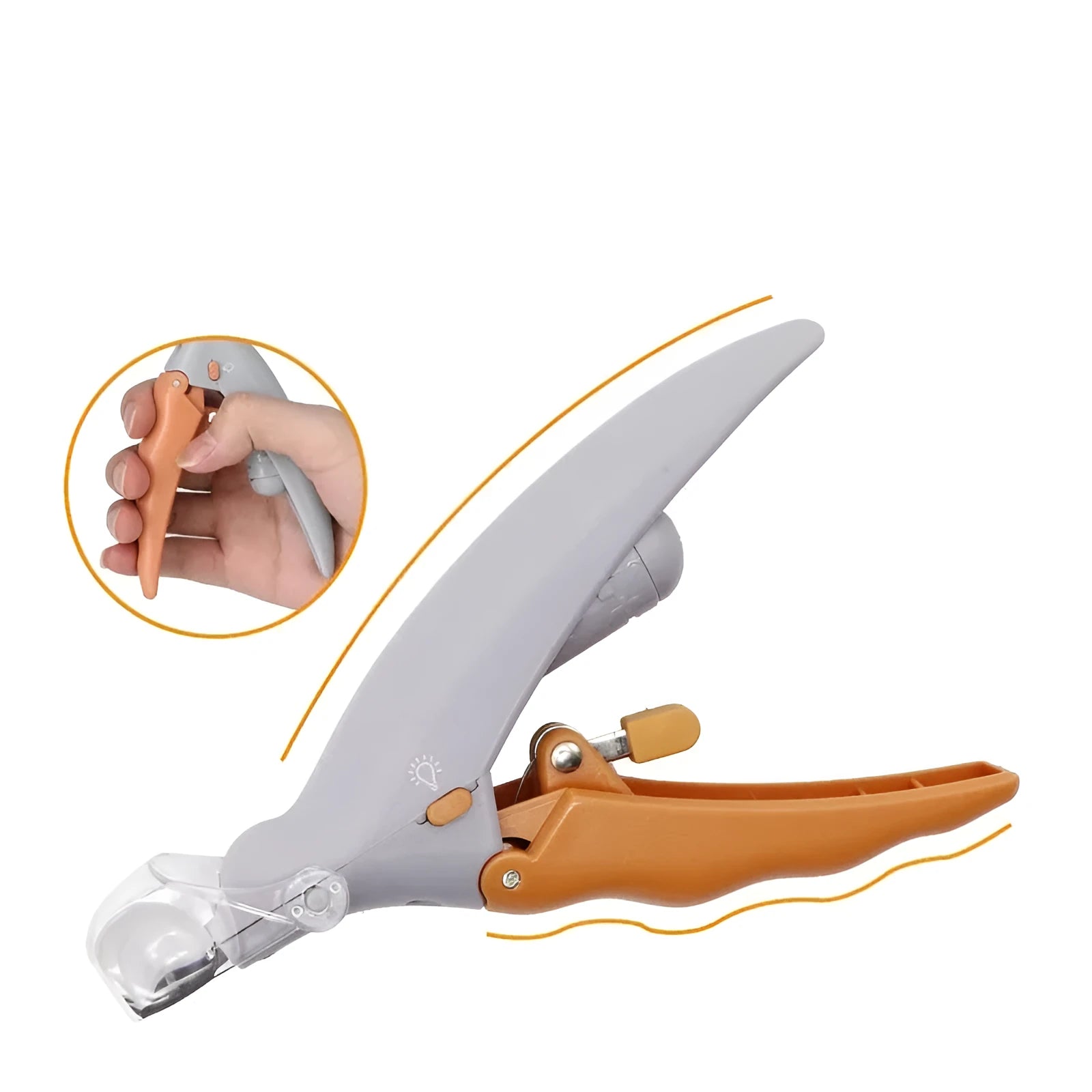 Yellow pet nail clipper with LED light and magnifying lens for trimming dog and cat nails
