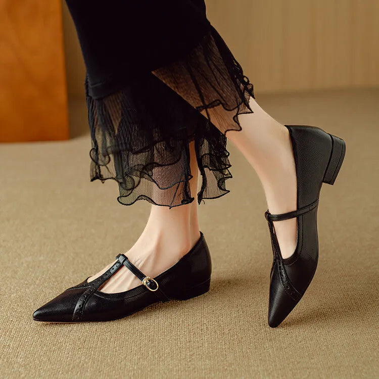 Brown pointed toe women's flat shoes with a low-cut design and metal detail.