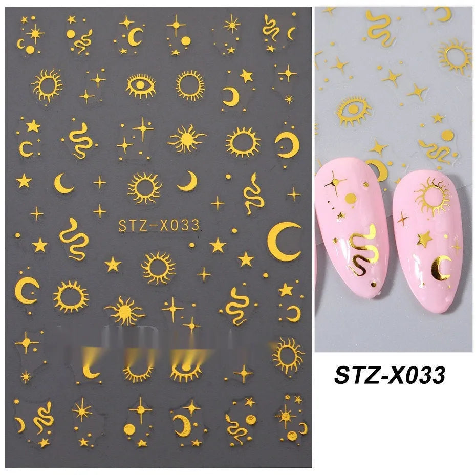 Cartoon love pattern nail art sticker decals in black and silver colours on a plastic sheet.
