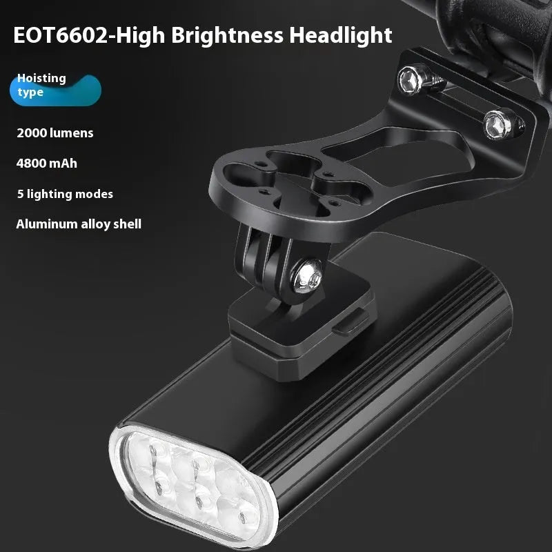 Aluminium alloy bicycle headlight showing front with six XPT lamp beads and mounting base options