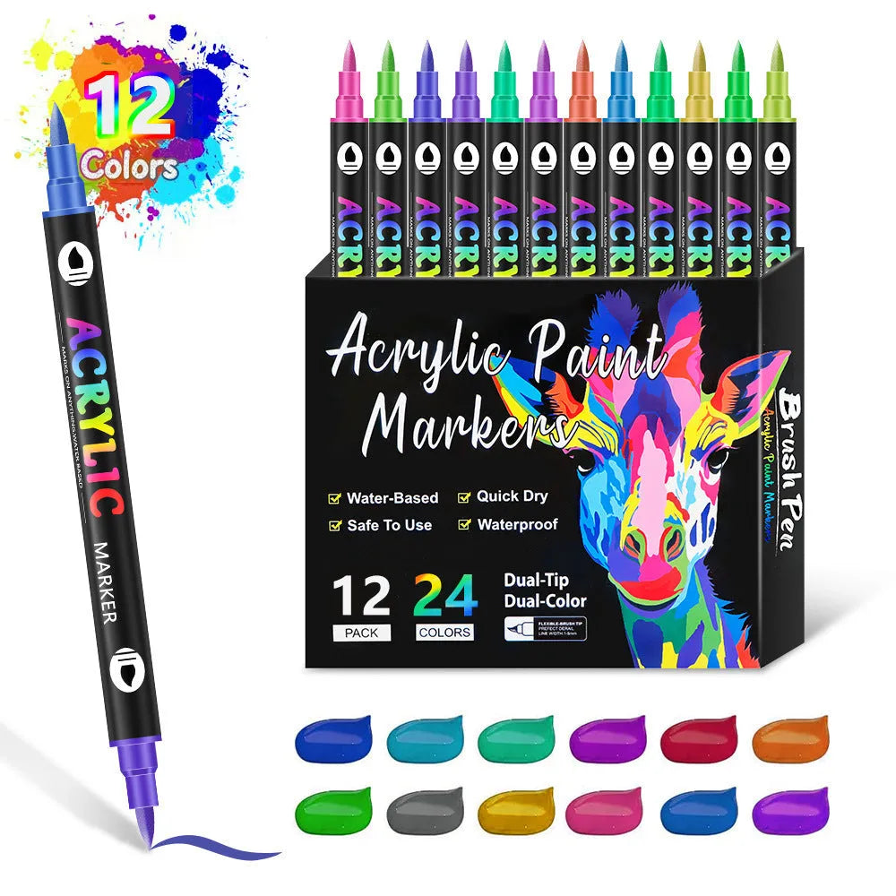 Double-headed acrylic marker pens with chisel and fine tips in various opaque colours