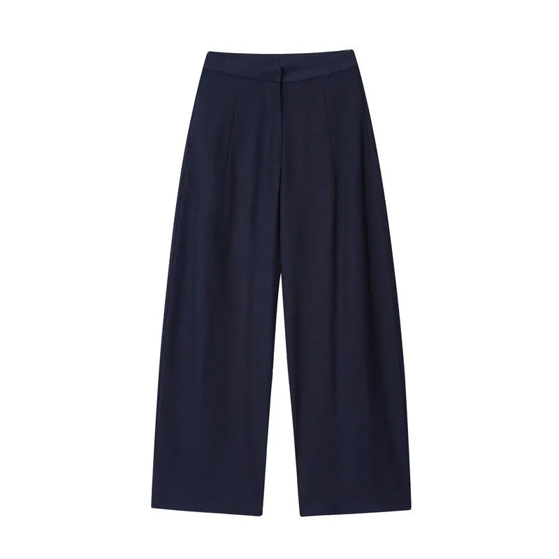 Women off-neck flounced sleeve linen blend shirt top and wide leg trousers two piece set in temperament commute style
