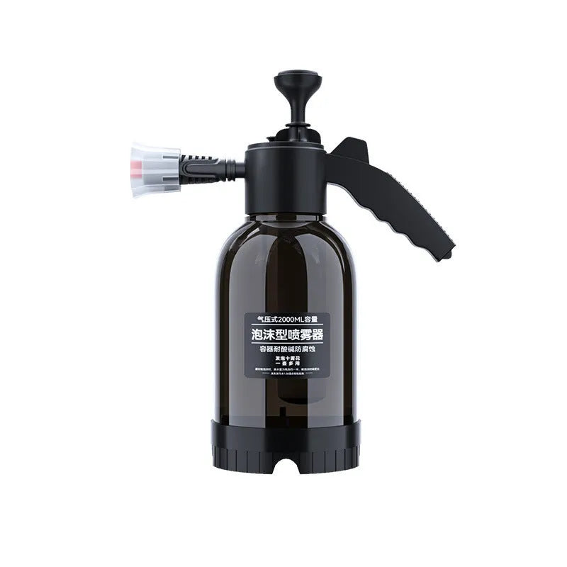 Black hand-held foam watering can with switch lock and two nozzles for garden and vehicle use