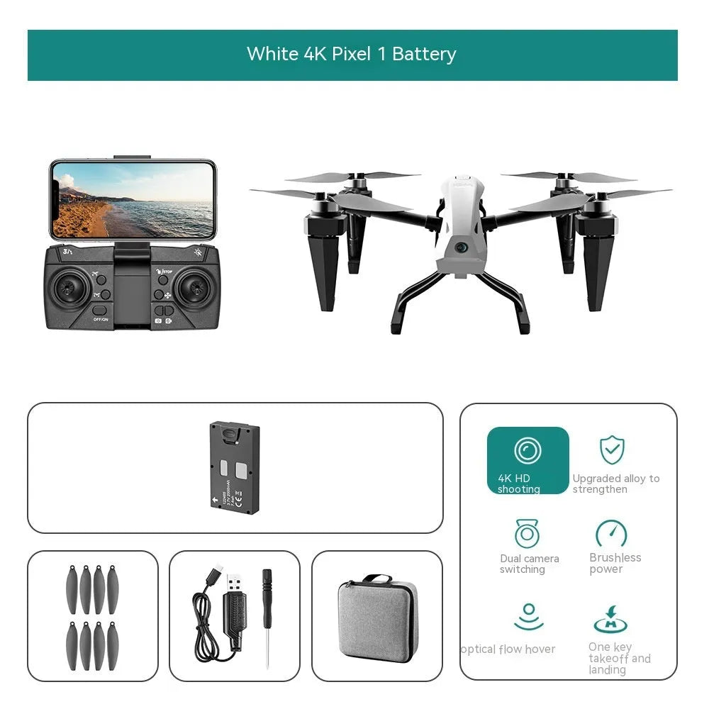 KS66 alloy UAV drone with remote controller, shown in optional white or black with camera, spare propellers, and storage bag.
