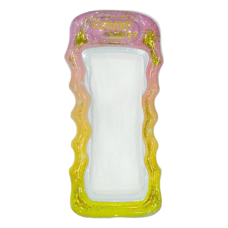 PVC inflatable floating row in gradient colours, available as recliner, canopy float, or sequined fruit design