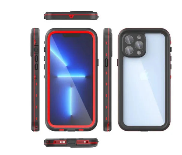 FREDPEPPER IP68 waterproof shockproof case for iPhone in black, shown on a phone.
