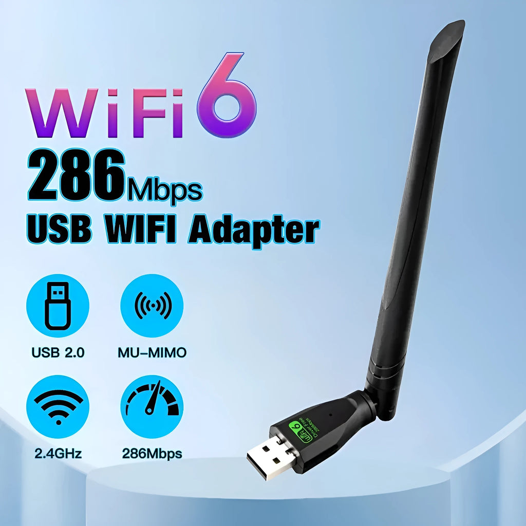 Black WiFi 6 wireless network card with USB connector for computer connectivity
