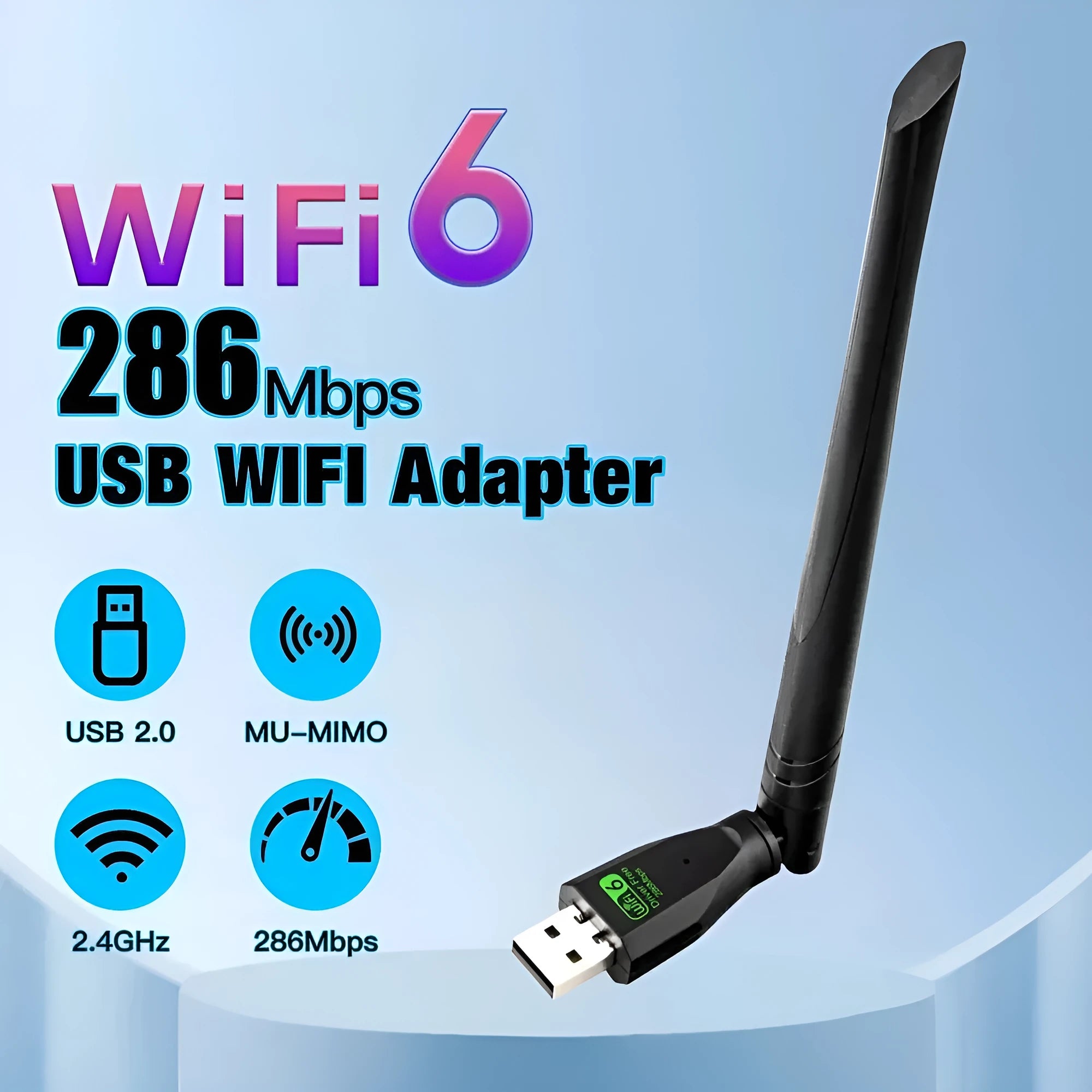 Black WiFi 6 wireless network card with USB connector for computer connectivity