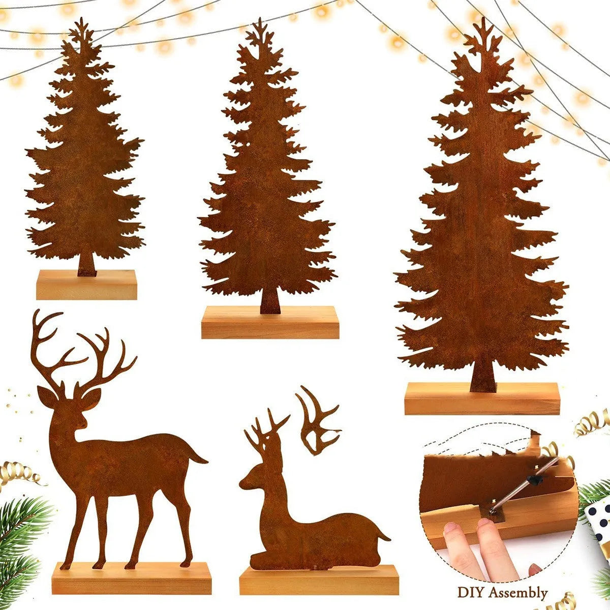 Set of three metal rusty Christmas tree elk decorations with American style iron finish