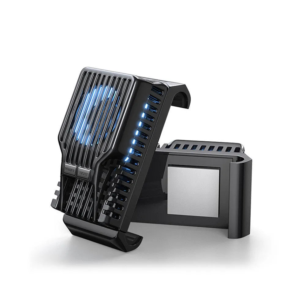 A black clip-on mobile phone radiator fan for 4-7 inch smartphones, shown with a USB data cable.