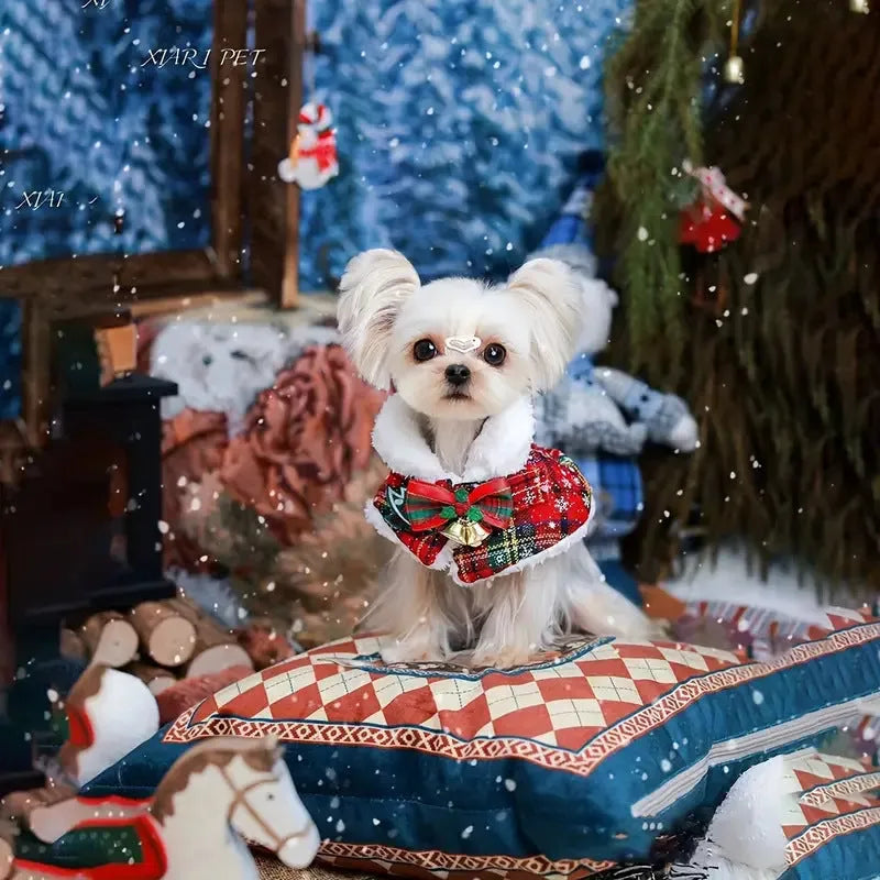 Polyester pet Christmas scarf for dogs and cats with snowflake and bell patterns in red and blue colours