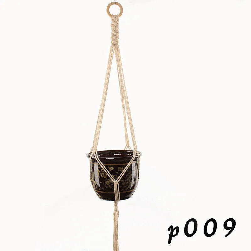 Cotton rope woven wire basket planter shown in desktop, wall hanging, and hanging configurations