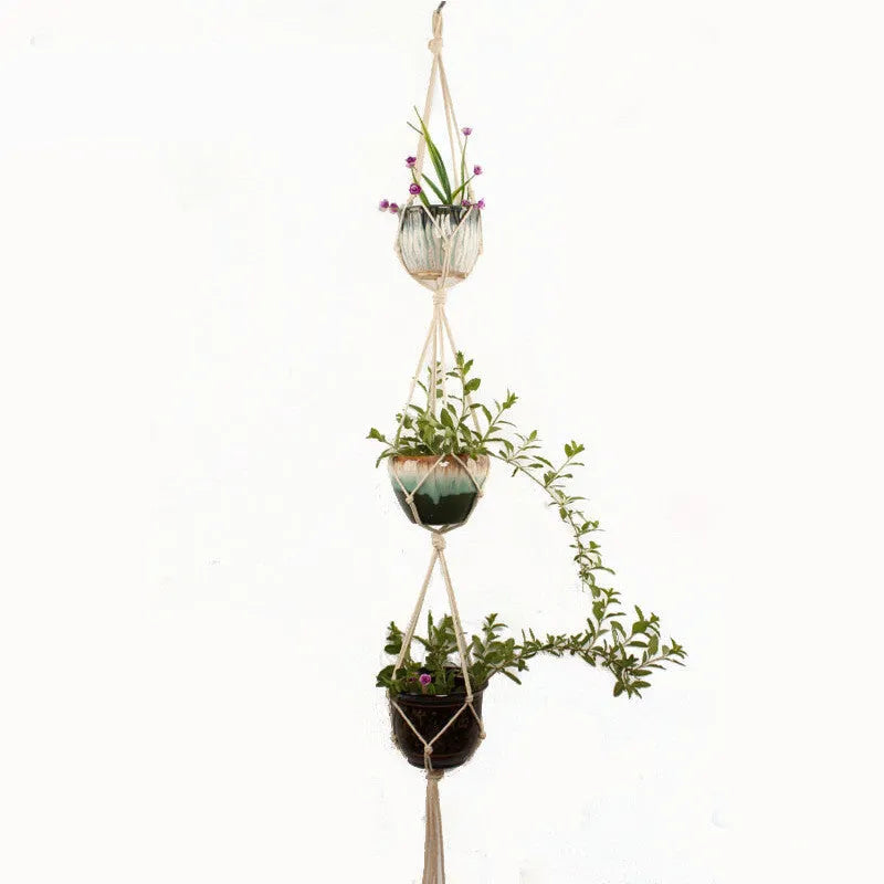 Cotton rope woven wire basket planter shown in desktop, wall hanging, and hanging configurations