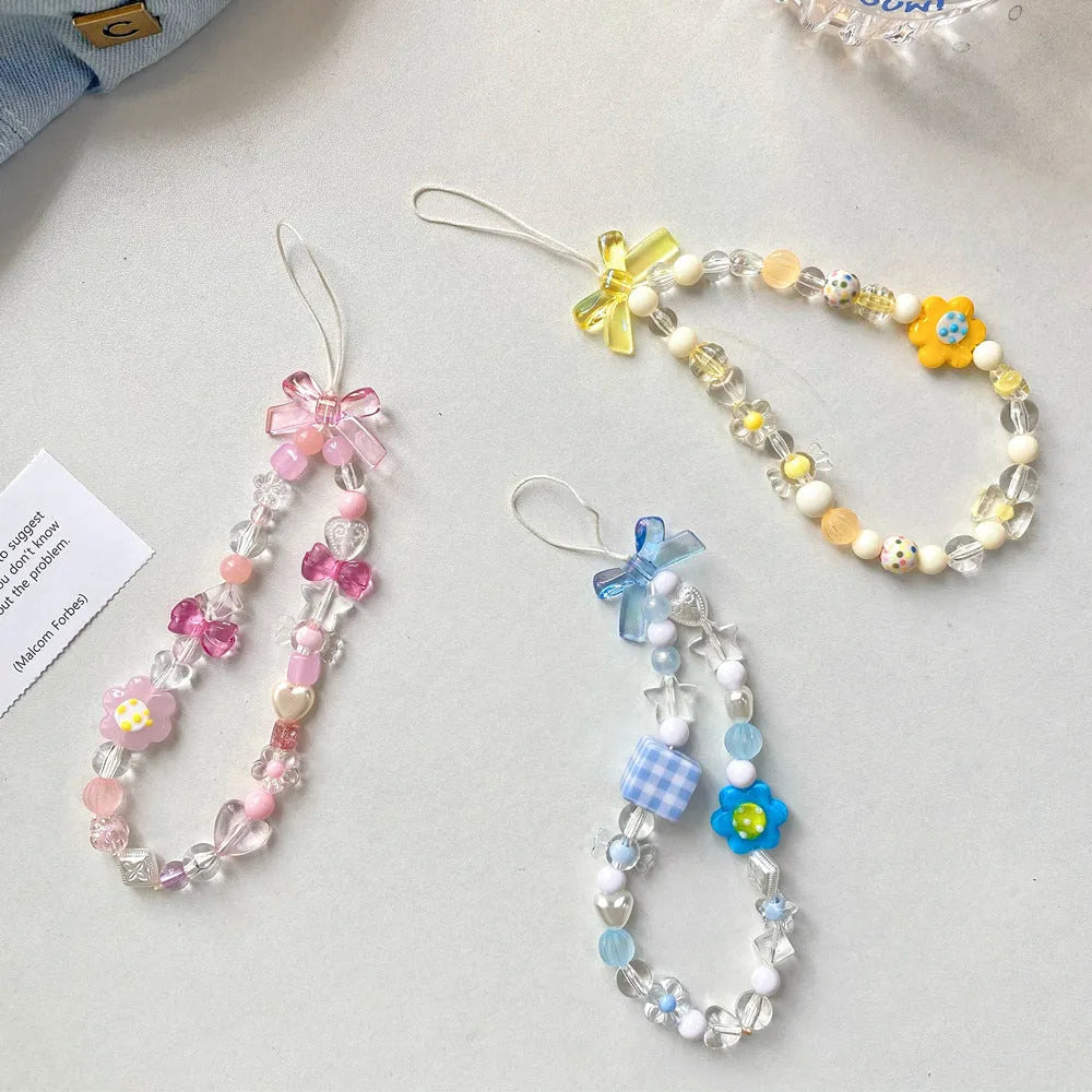 Colourful plastic resin beaded flower mobile phone lanyard with floral designs