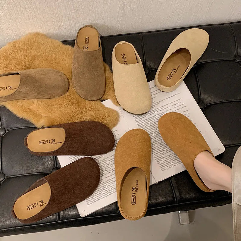 Korean-style soft flat slip-on slippers in apricot colour with square-toe design.