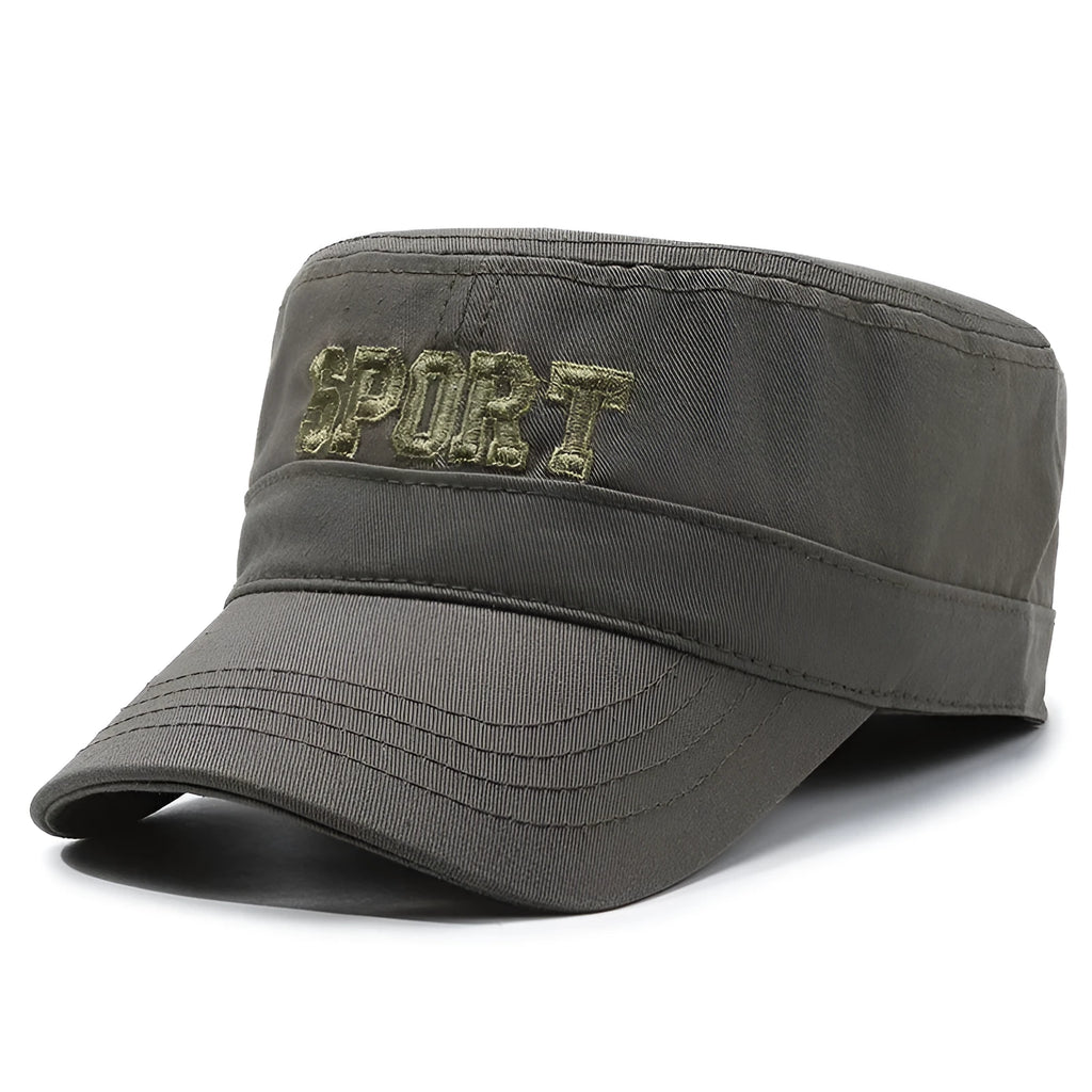 Men's adjustable cotton flat-top peaked cap in army green colour on a neutral background.