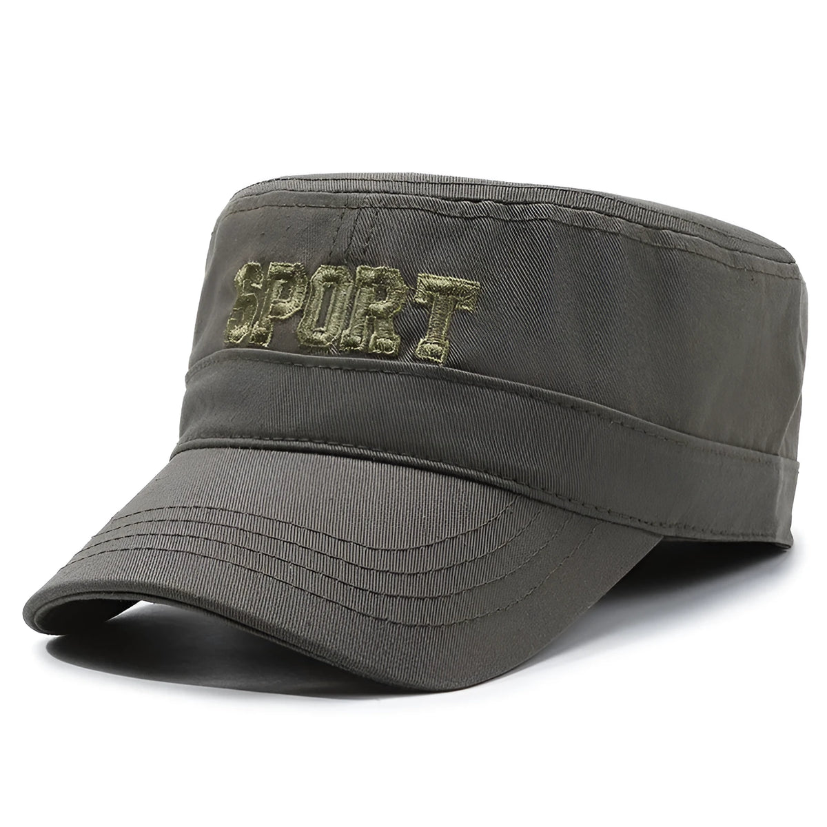 Men's adjustable cotton flat-top peaked cap in army green colour on a neutral background.