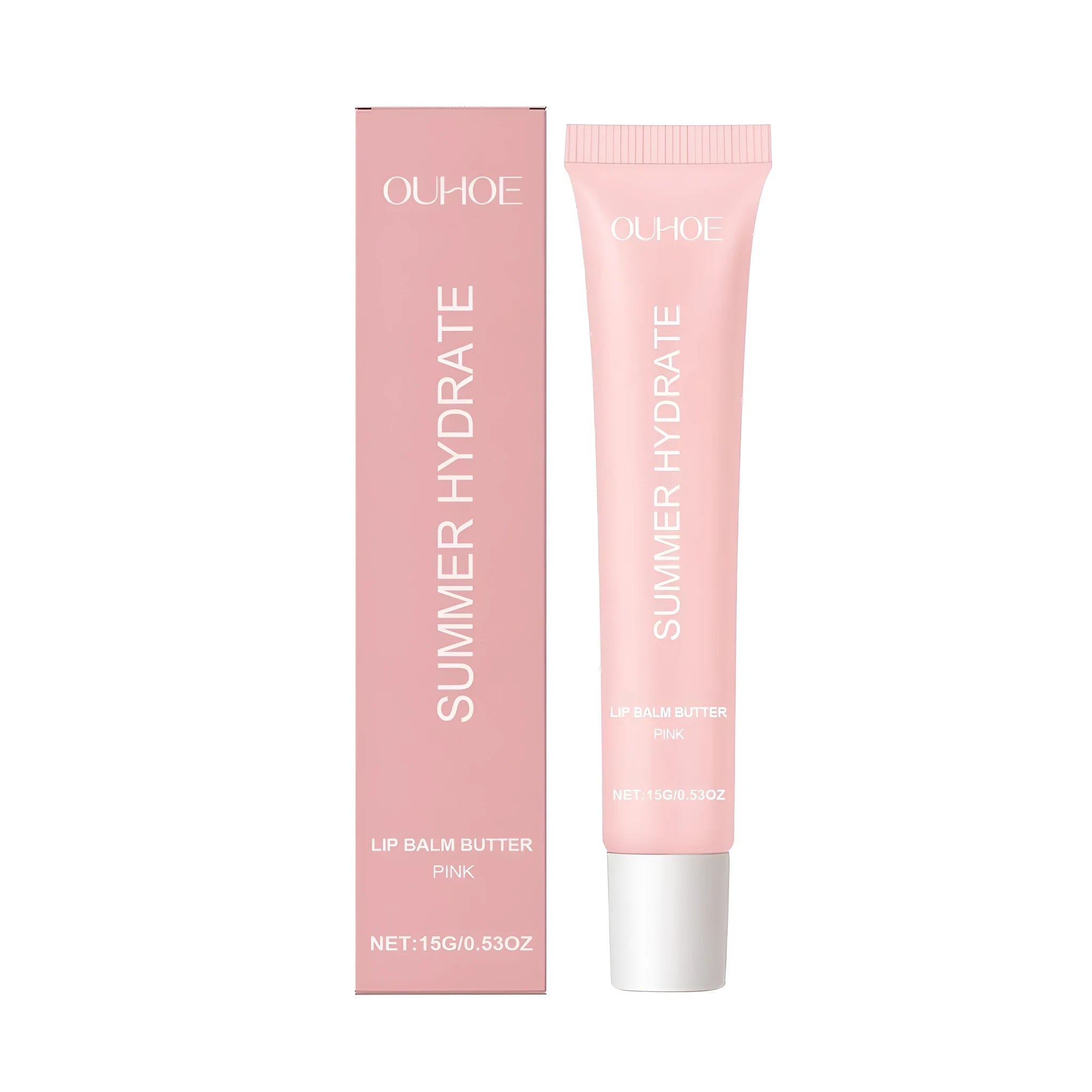 Pink shea butter lip balm in lipstick packaging with natural ingredients