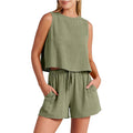 Women's summer two-piece outfit with sleeveless top and drawstring shorts in rayon linen blend