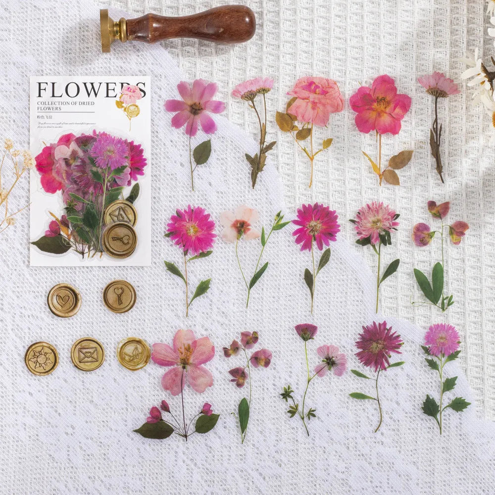 Eight styles of dried flower journal stickers in Dark Night Purple, rose nebula and other colours at 70mm size