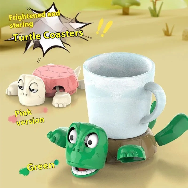 Creative turtle shaped coaster in light green, dark green, wheat starch, and yellow ABS plastic for heat insulation