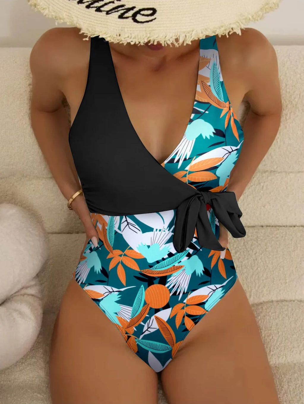 Women's high waist one-piece bikini swimsuit with printed pattern and quick-drying polyester fabric