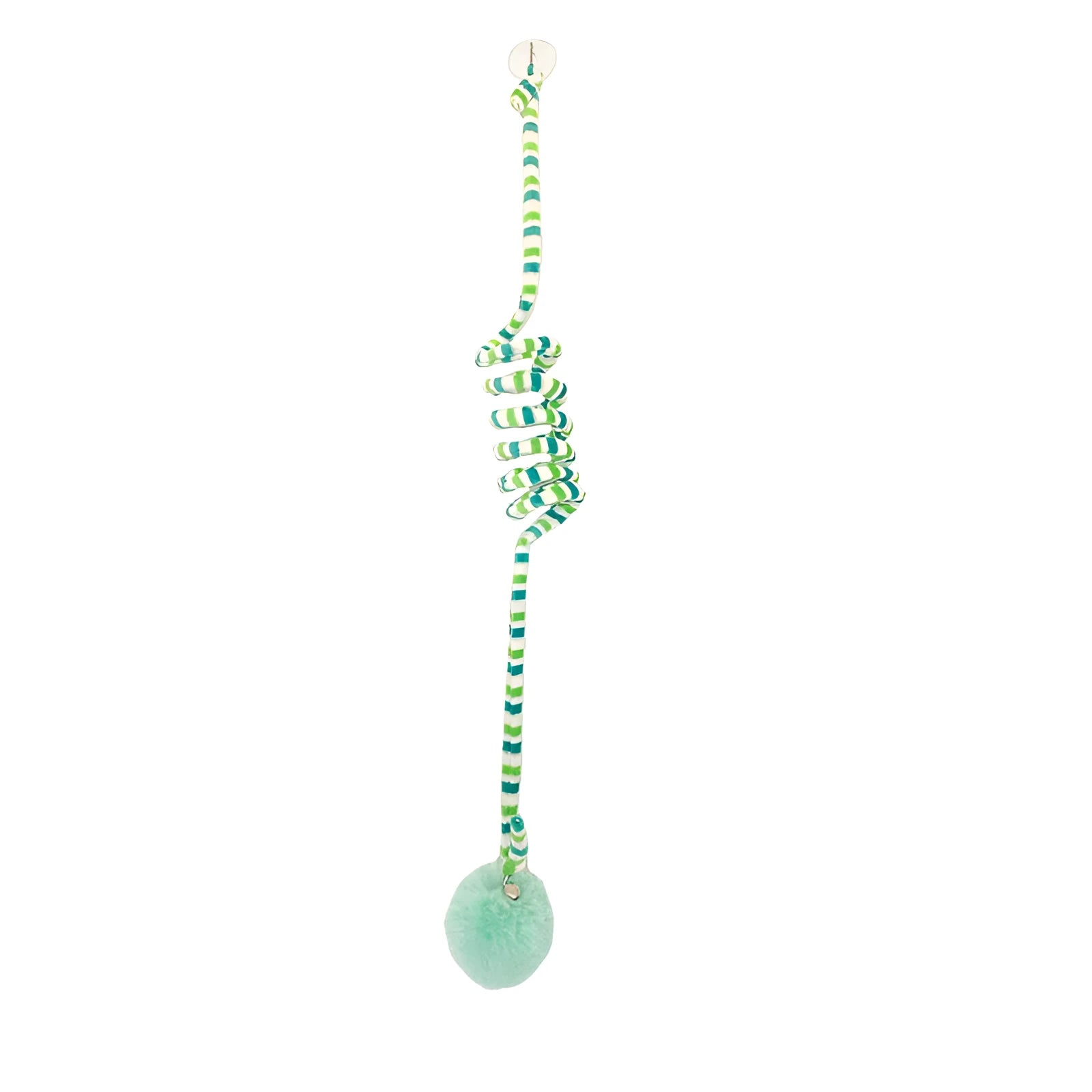 Hanging cat toy with colourful spring bell stick and inflatable ball attached to clear suction cup
