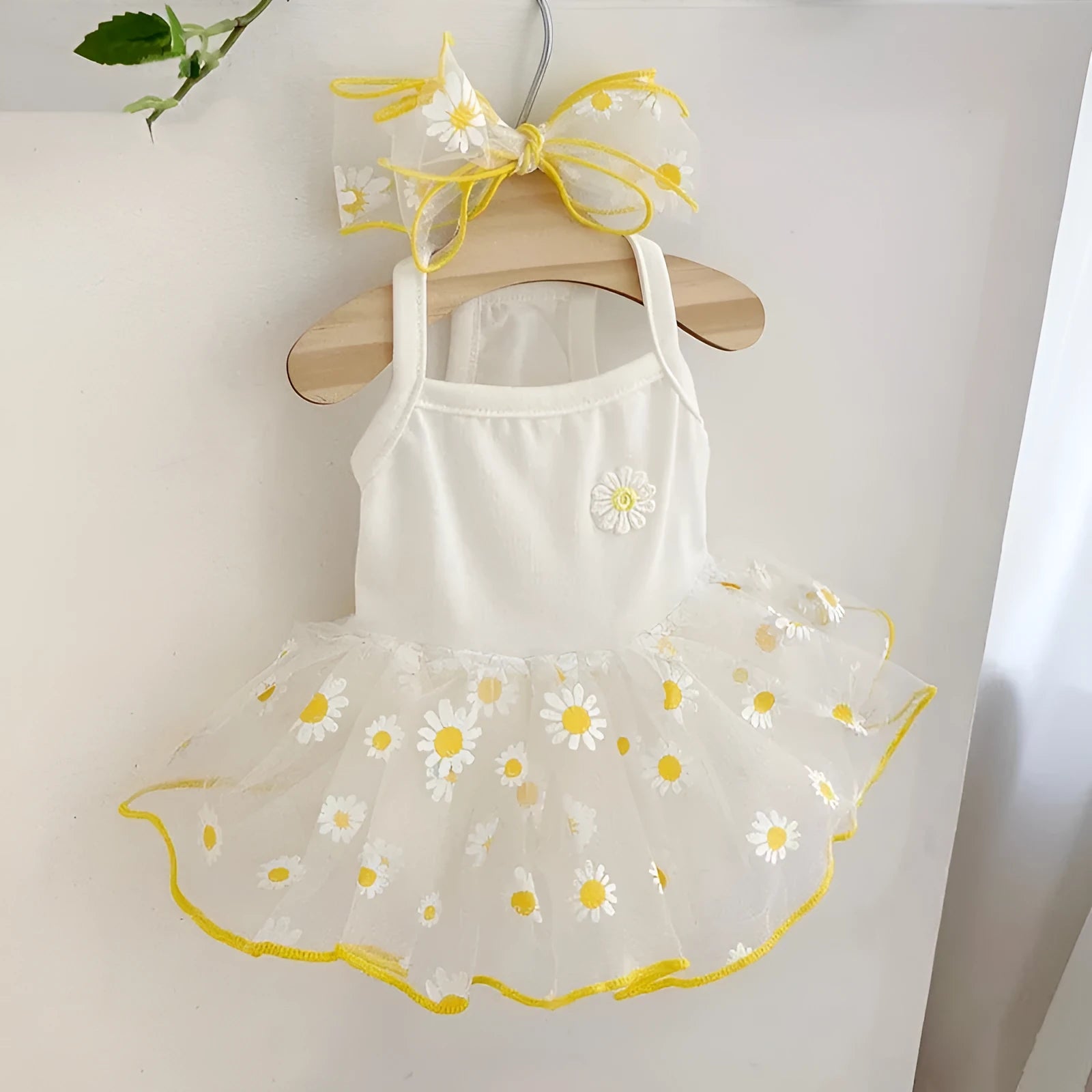 Yellow daisy print dog clothes made from thin polyester fabric for summer wear