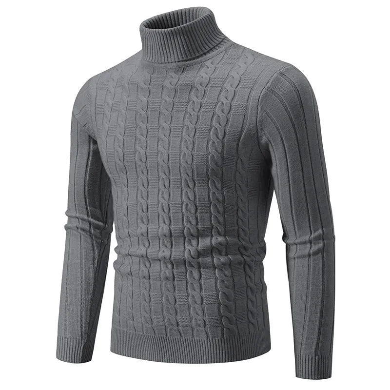 Men's slim fit twist turtleneck pullover sweater in Chenille fabric shown in neutral colour options