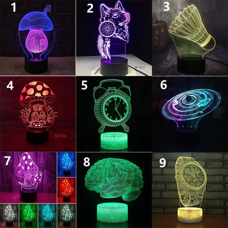 3D LED desk lamp with black ABS base and colorful acrylic panel showing touch or remote control options for study room
