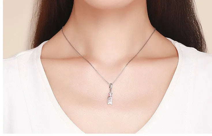 S925 sterling silver carp streamer pendant necklace with oxidised finish and zircon detailing