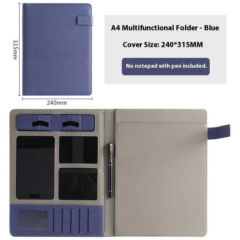 Leather A4 business folder with optional pen and notepad accessories in black colour