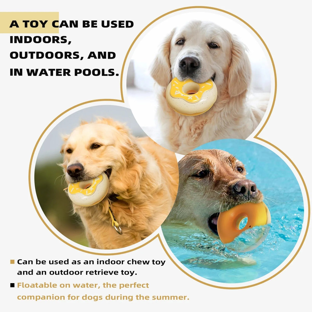TPR molar teeth cleaning donut dog toy in pink, chocolate or yellow with textured surface