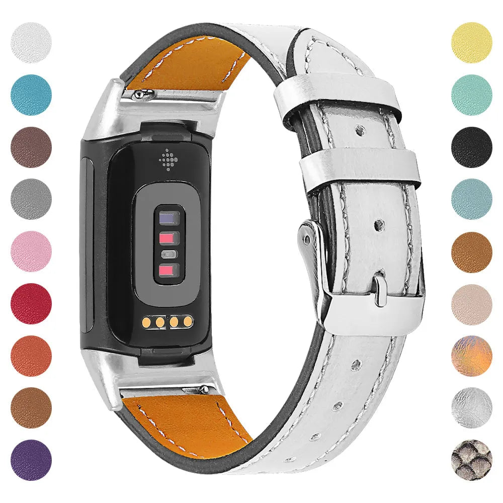 Genuine cowhide leather replacement strap with buckle clasp for Fitbit Charge 5 and Charge 6 smartwatches.