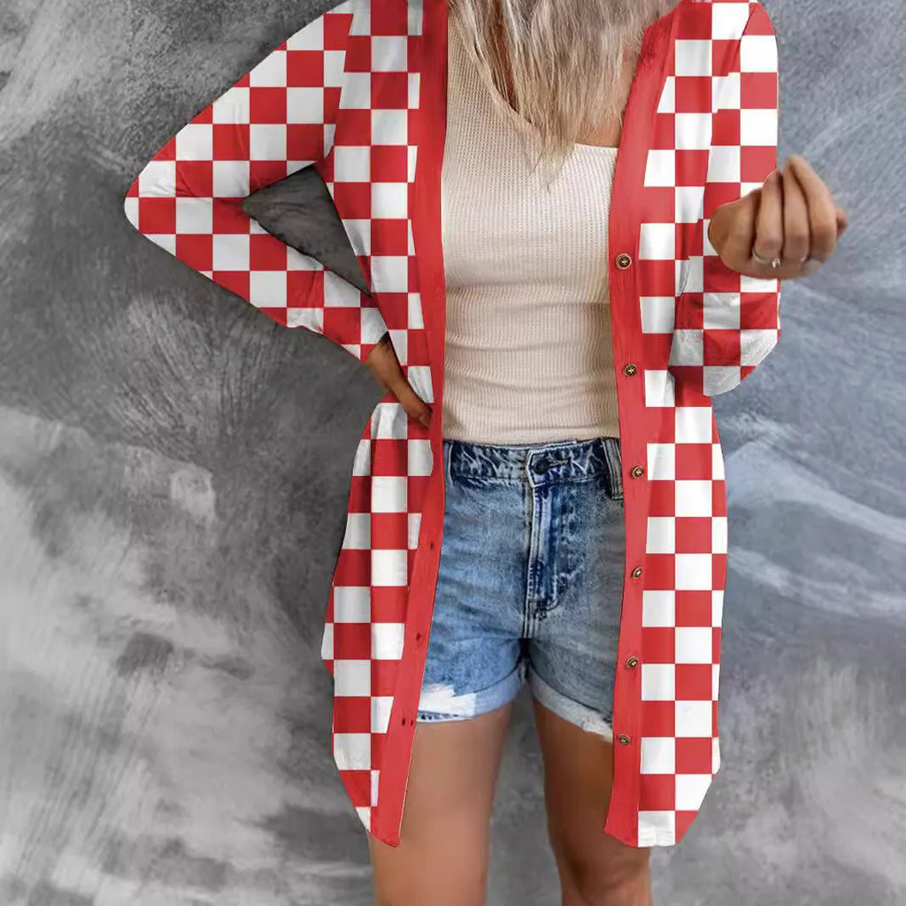 Women's long plaid contrast colour knitted cardigan coat in loose fit street fashion style