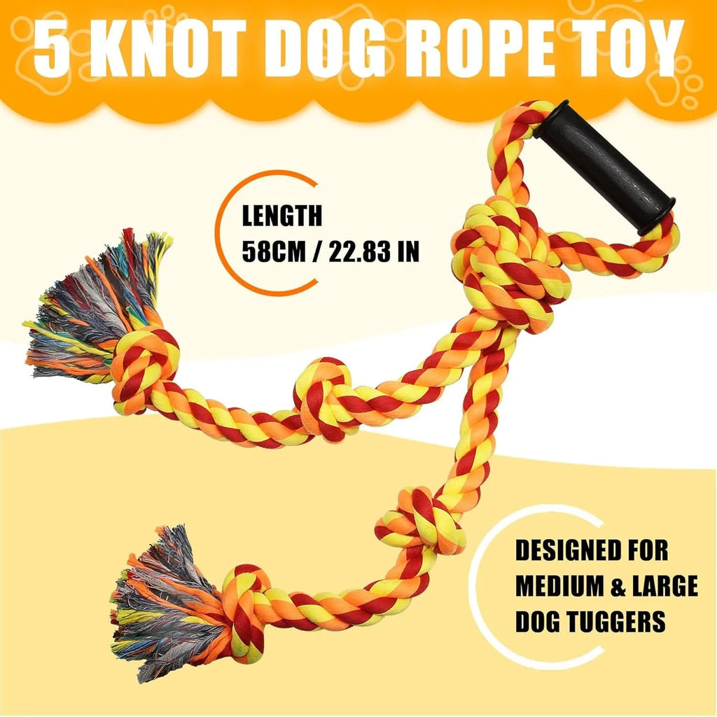 Blue and yellow cotton rope dog toy with a handle for tug-of-war