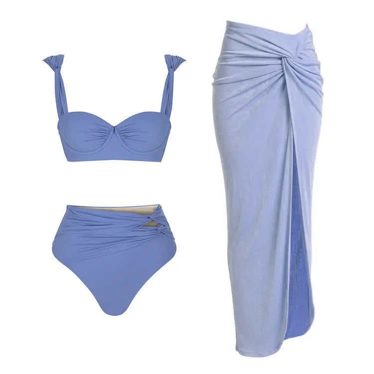 Women's one-piece swimsuit with detachable skirt and gold button decoration in solid colour