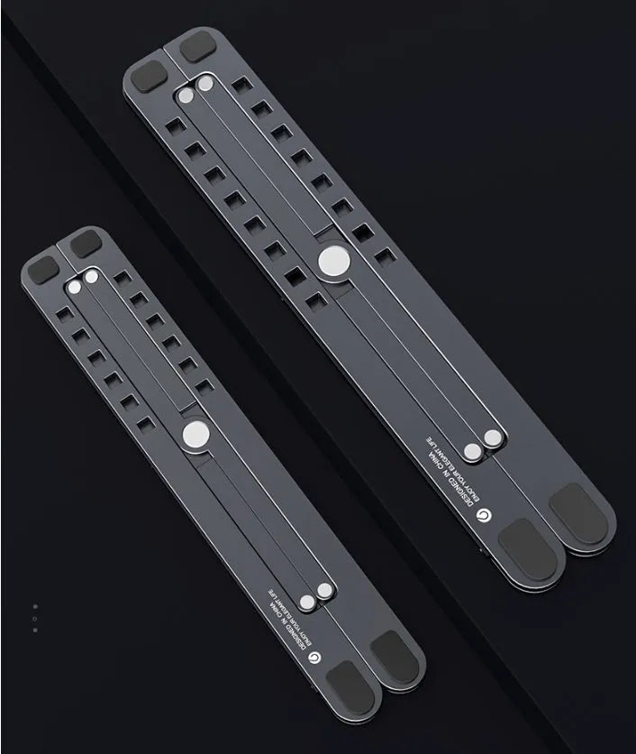 Aluminium laptop stand showing adjustable height mechanism and foldable design