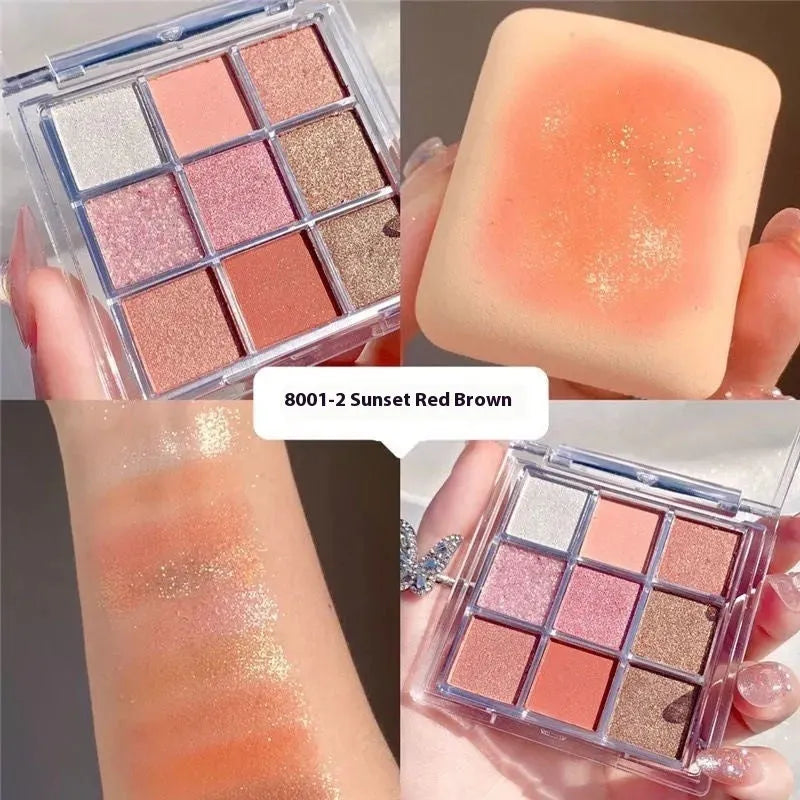 Nine colour eyeshadow palette in plastic case with sunset coral, red brown, cocoa and chocolate brown shades