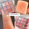 Nine colour eyeshadow palette in plastic case with sunset coral, red brown, cocoa and chocolate brown shades