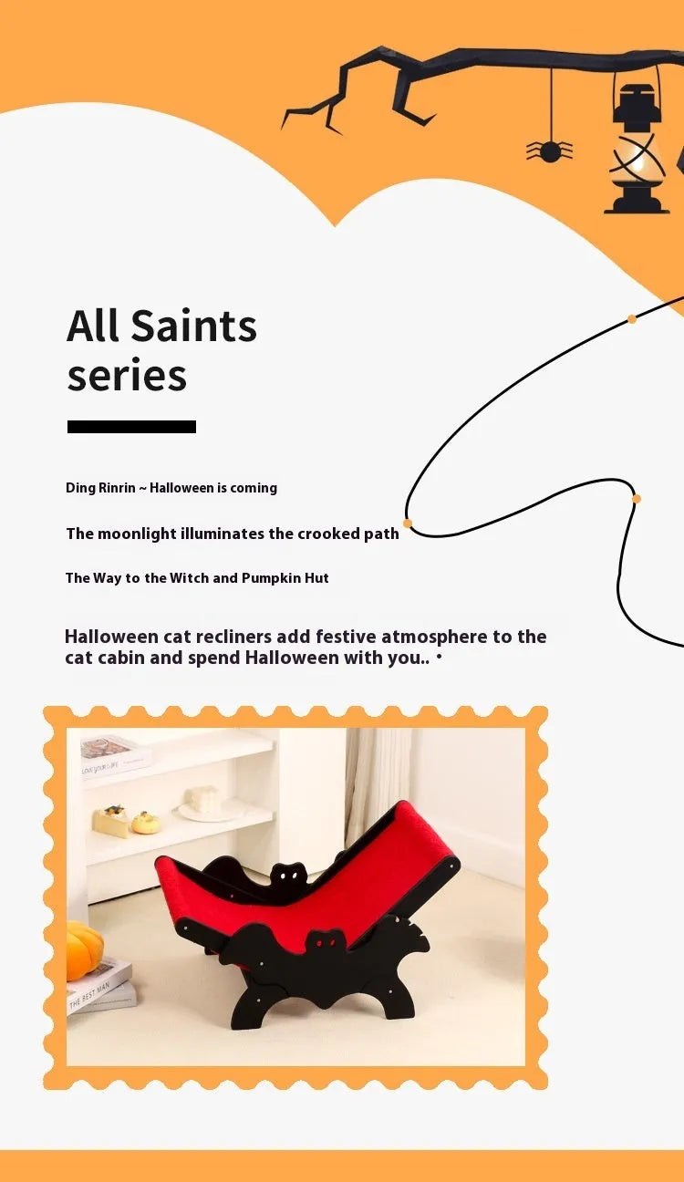 Wooden cat recliner bed with Halloween black and red design on raised platform
