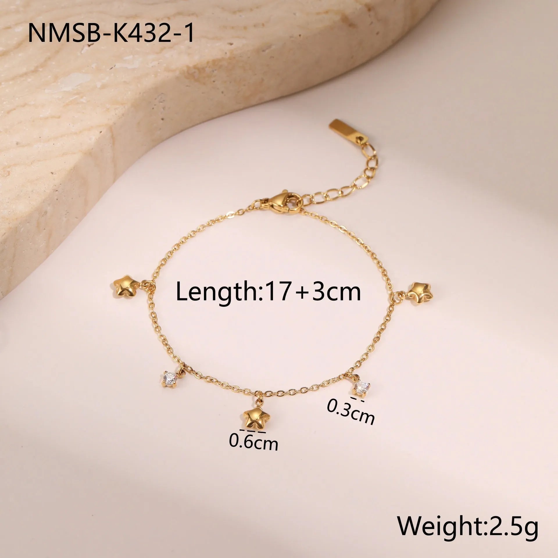 Women's stainless steel bracelet with 18K gold plating and hexagonal star zircon pendant