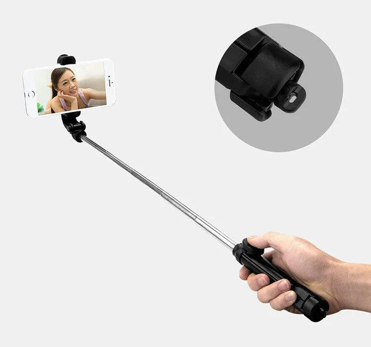 Black aluminium Bluetooth tripod selfie stand for iPhone with extended legs and remote control
