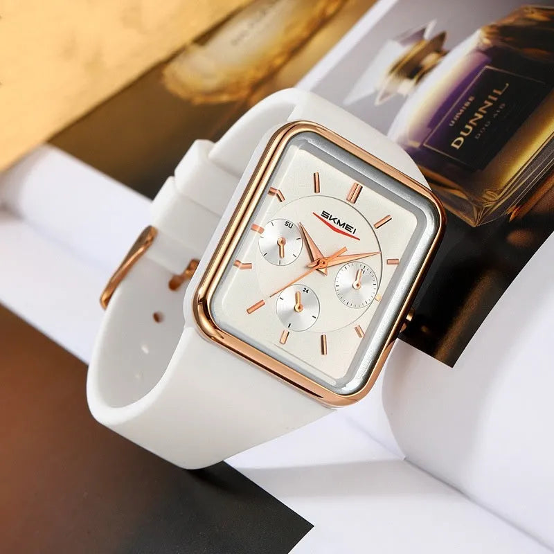 Square silicone waterproof watch for girls in multiple colour options showing 10.8mm thickness